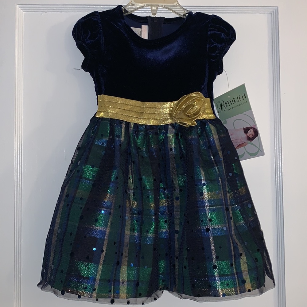 NWT Bonnie Jean 24M Navy Velvet Plaid Dress Gold Sash